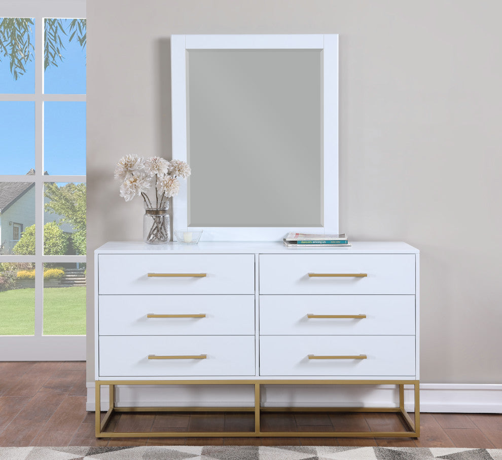 Maxine Wood Dresser With Durable Brushed Gold Metal Base, Rich White Finish