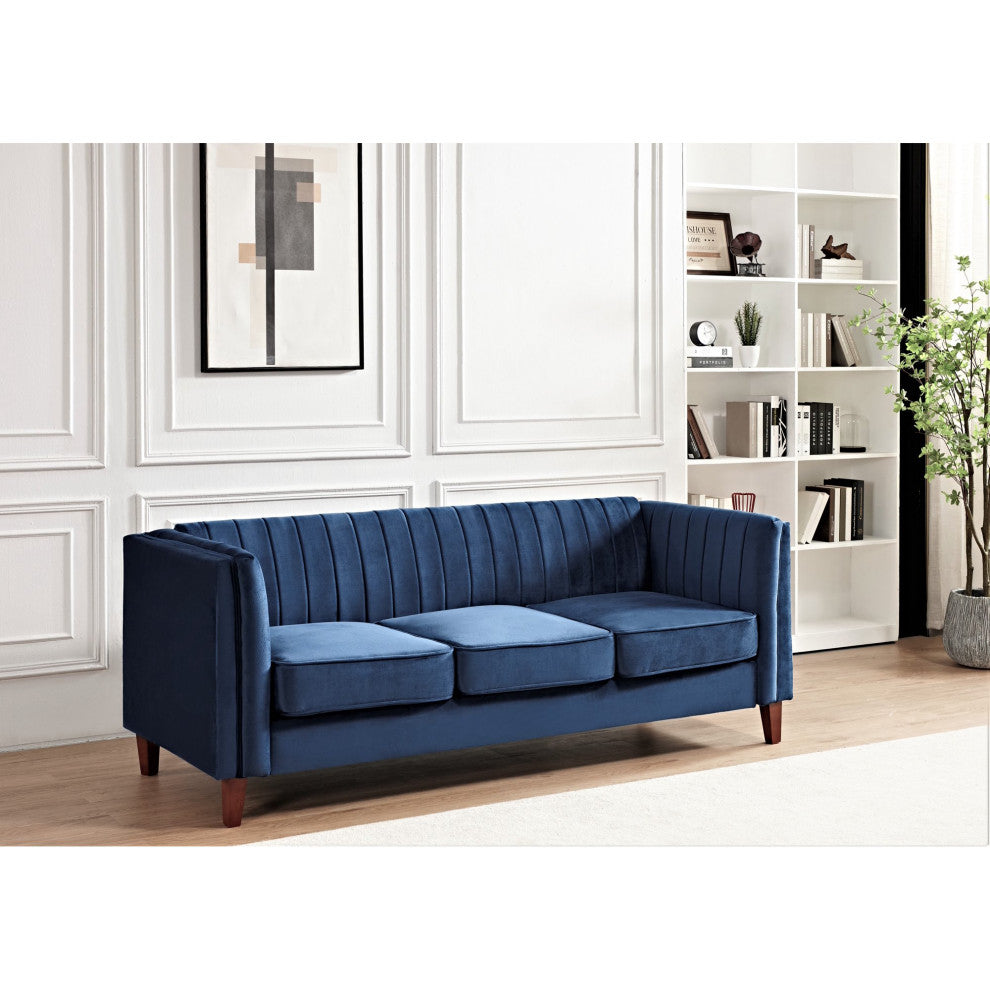 Modern 3 Seater Sofa, Velvet Seat & Vertical Channel Tufted Backrest, Dark Blue