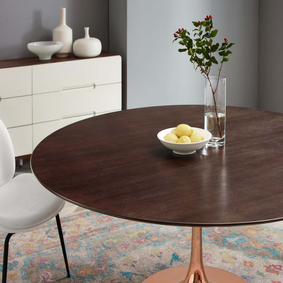 Dining Table, Round, Wood, Rose Gold Dark Brown Brown Walnut, Modern, Bistro