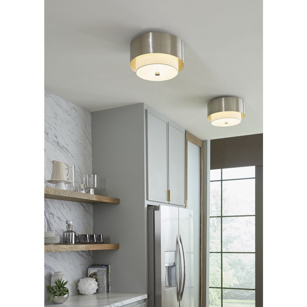 Silva Collection Two-Light Brushed Nickel White Linen Shade 14" Flush Mount, Brushed Nickel