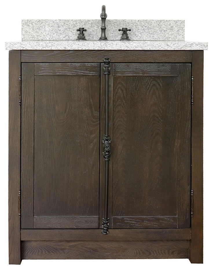 30" Single Vanity, Brown Ash, Gray Granite Top, Rectangle Sink