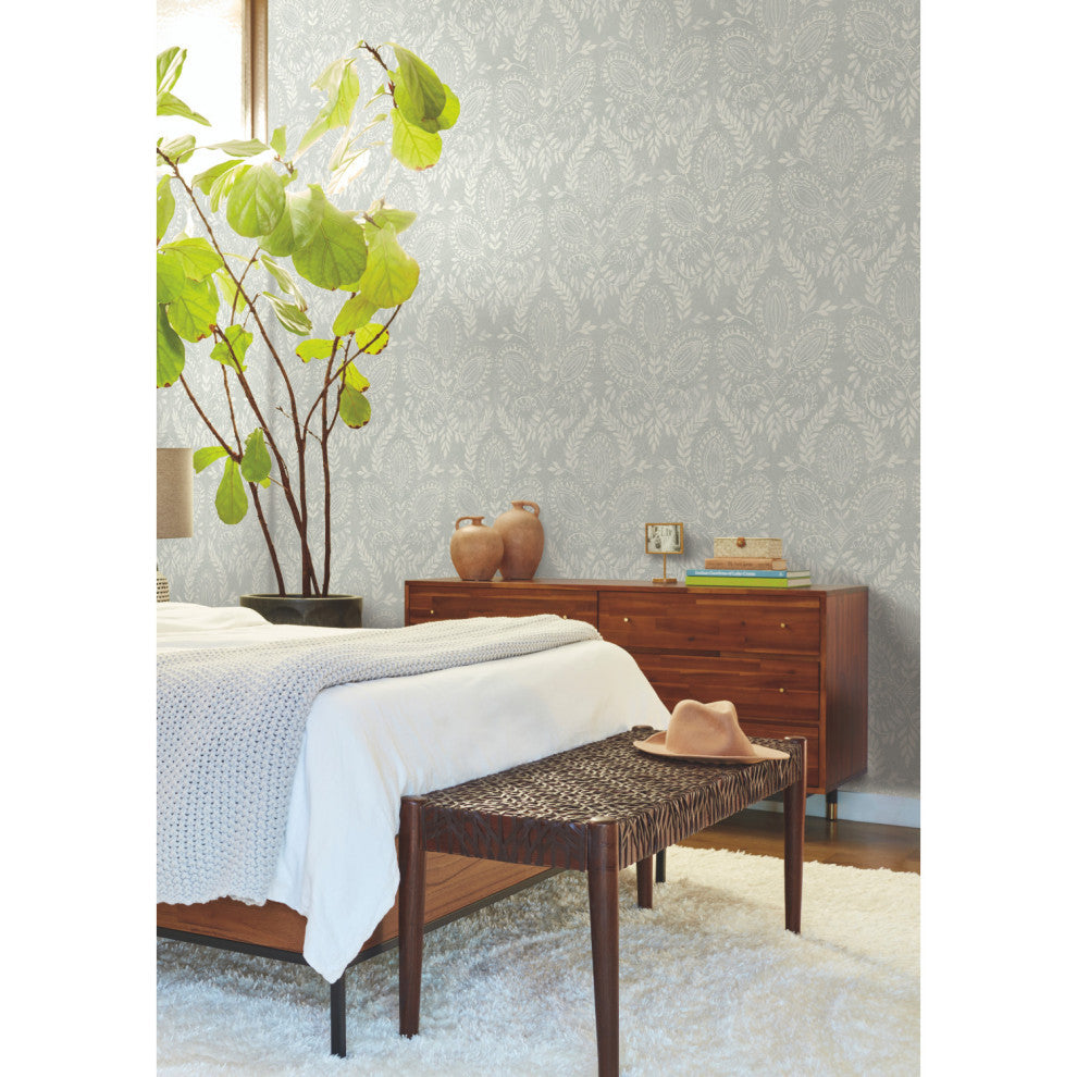 Gray Laurel Damask Wallpaper