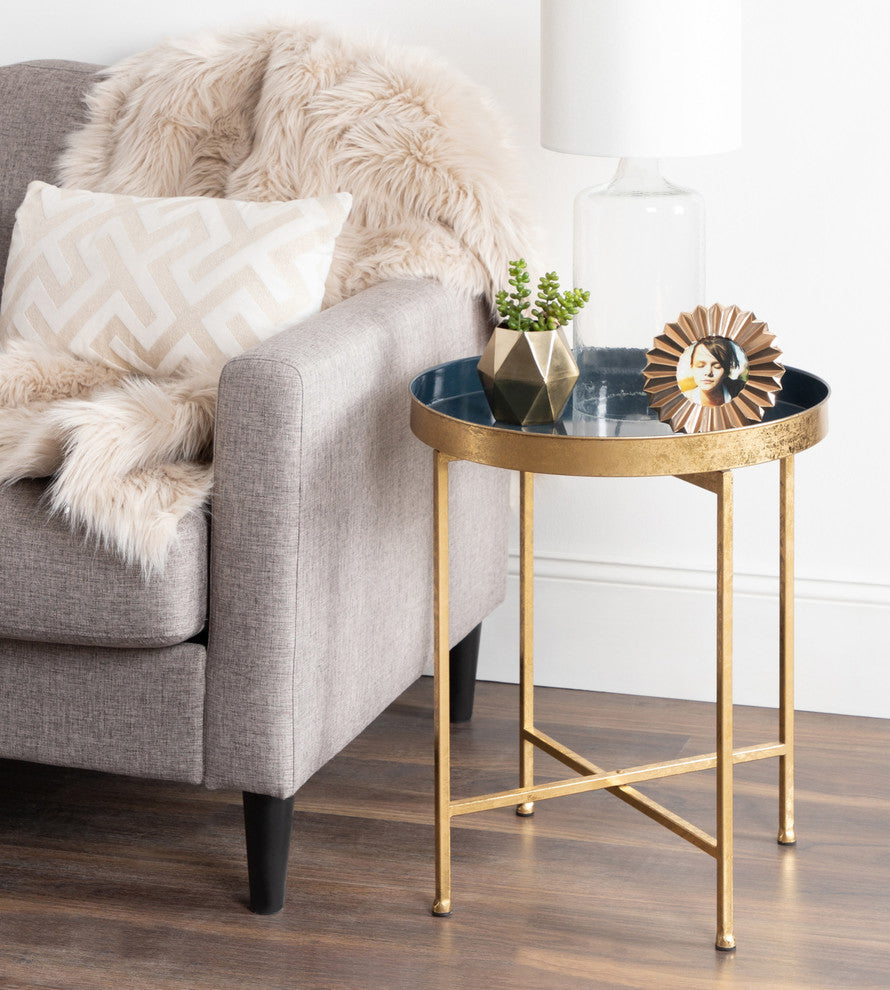 Celia Round Metal Side Table, Gold Navy Blue