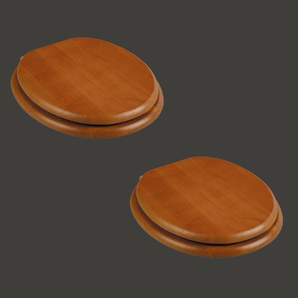 Round Toilet Seat Hardwood Golden Oak Brass Hinge Set of 2