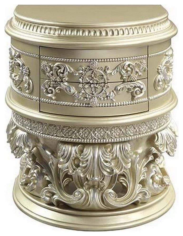 Benzara BM251164 Nightstand With Carvings and Half Moon Shape, Champagne Silver