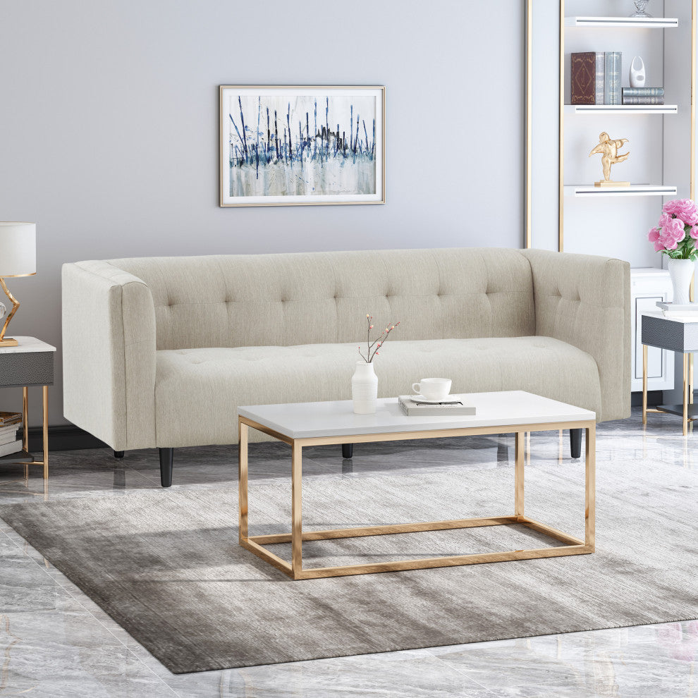 Plano Mid-Century Modern Tufted 3-Seater Sofa, Light Gray/Dark Brown, Beige/Dark Brown