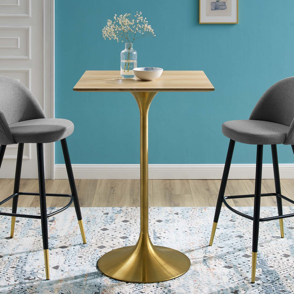 Bar Table, Square, Wood, Metal, Gold Brown Natural, Modern, Bar Pub Cafe Bistro