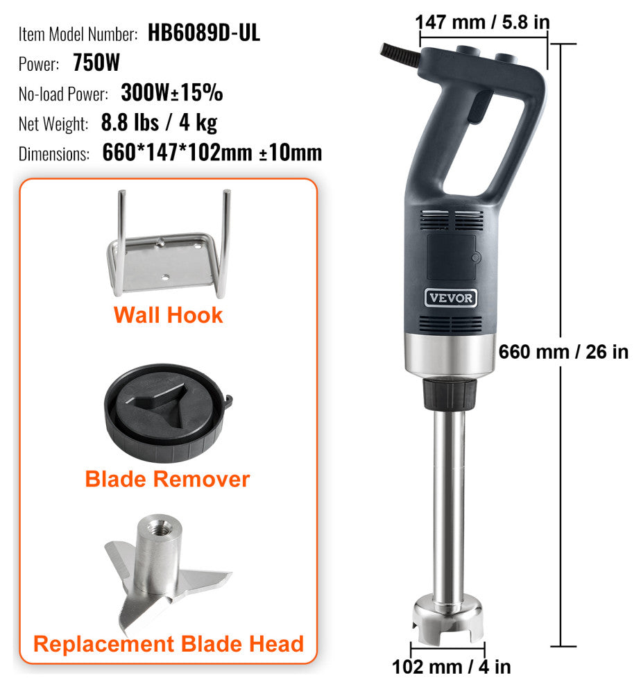 VEVOR Commercial Immersion Blender Heavy Duty Hand Mixer 750W Variable Speed