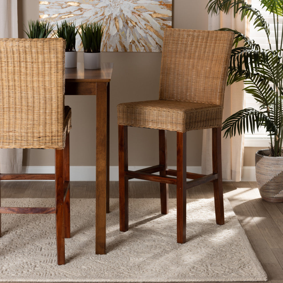 Magda Natural Rattan and Mahogany Bar Stool