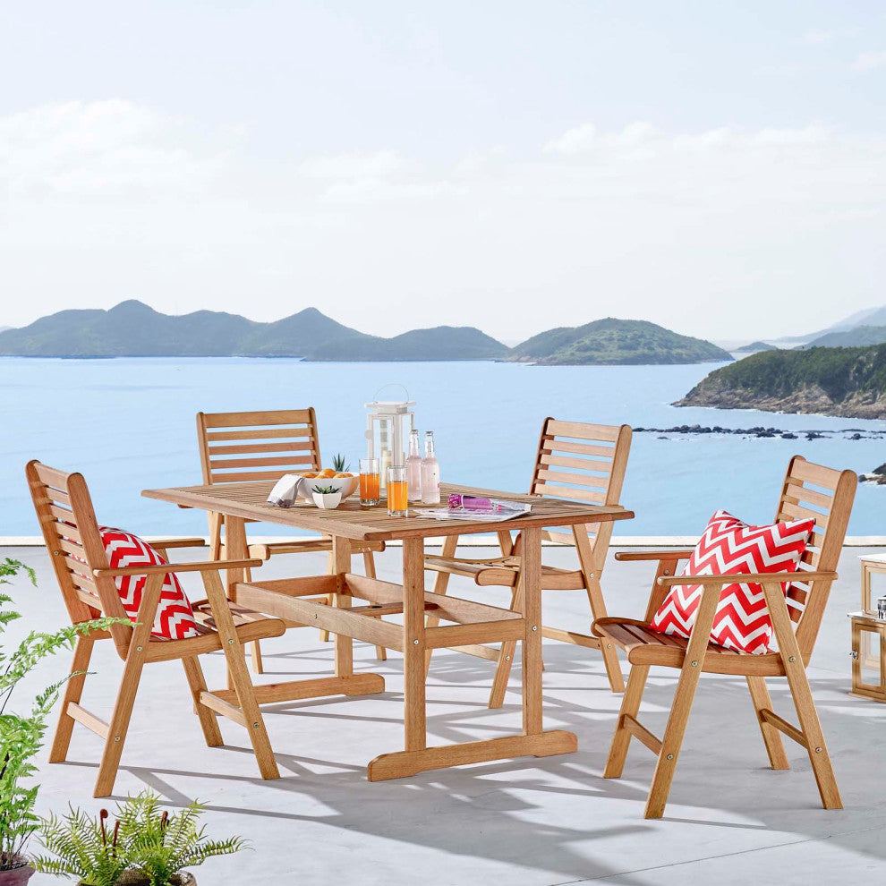Side Dining Chair and Table Set, Wood, Brown Natural, Modern, Outdoor Patio Cafe