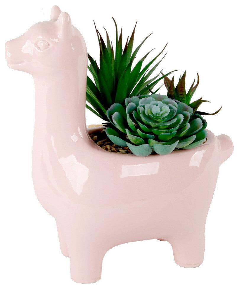 10"H Md Succulent Mix Ceramic Pink Llama,Pink