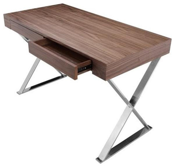 Pemberly Row Modern Wood Veneer & High Polished Steel Desk in Walnut
