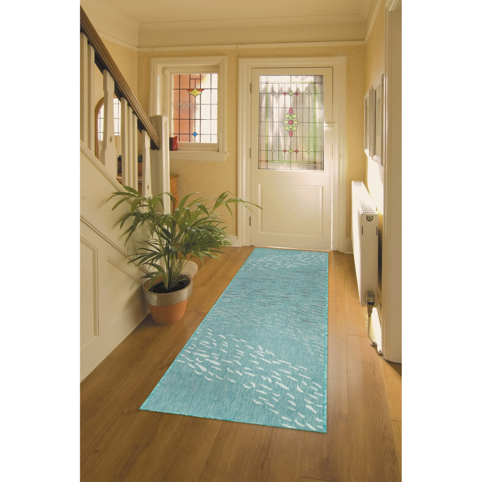 Carmel School Of Fish Indoor/Outdoor Rug, Aqua, 1'11"x4'11" Runner