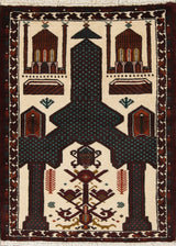 Balouch Persian Handmade Geometric Pictorial Oriental Area Rug, Beige, 3'8"X2'9"