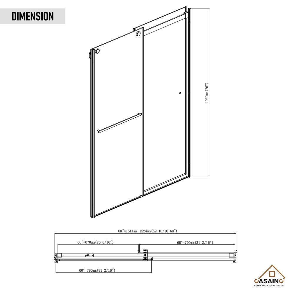 60-in x 76-in Frameless Sliding Shower Door, Chromed