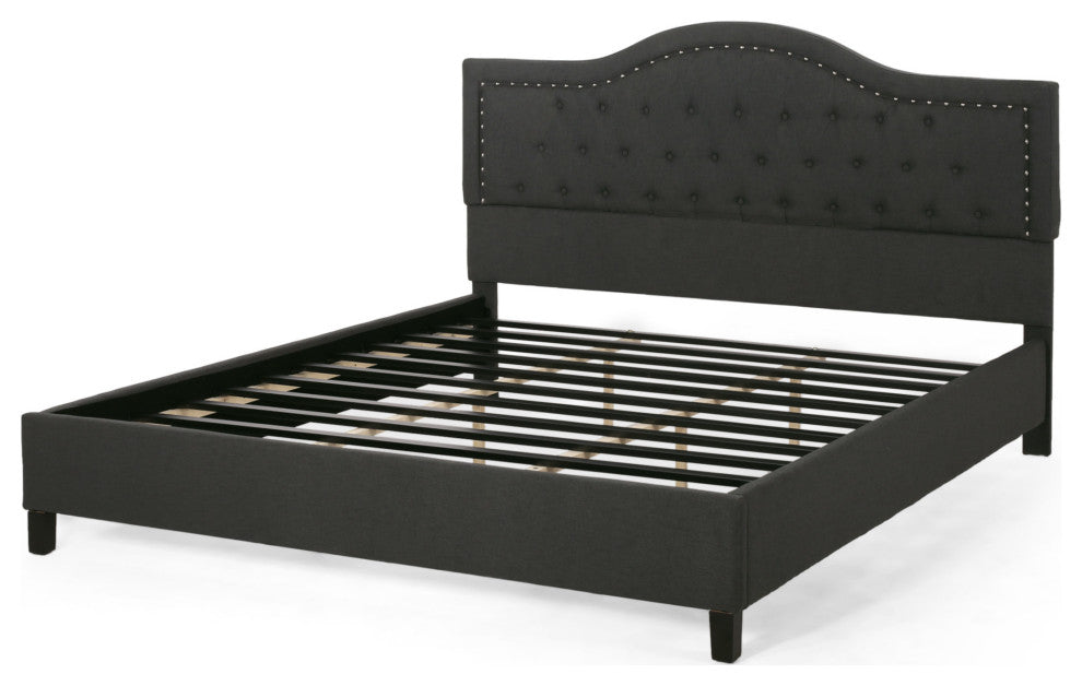 GDF Studio Margaret Fully-Upholstered Traditional King-Sized Bed Frame, Dark Gray/Dark Brown
