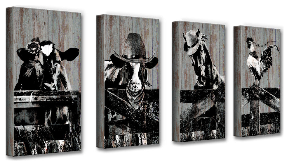 On the Fence'' Farmhouse Animal 4-Piece Wrapped Canvas Wall Art Set