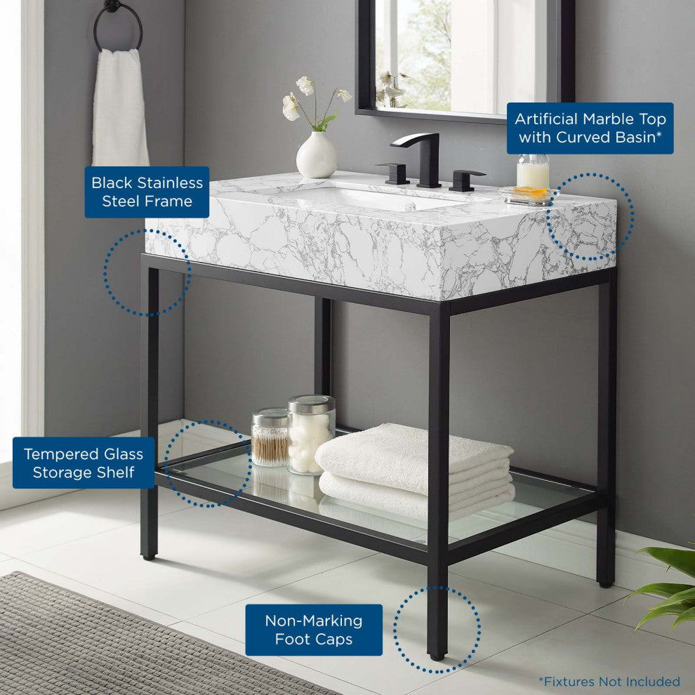 Sink Vanity Cabinet, Artificial Marble, Metal, Black White, Modern, Bathroom