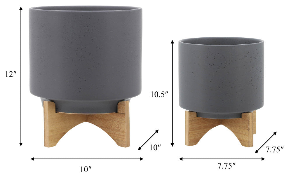 2-Piece Set Planter With Wood Stand, Matte Gray
