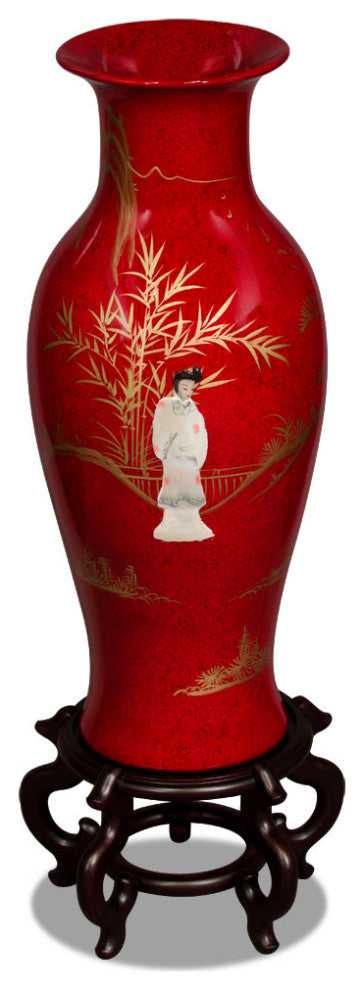 Chinese Porcelain Vase With Mother of Pearl Figures on Black Lacquer, Red