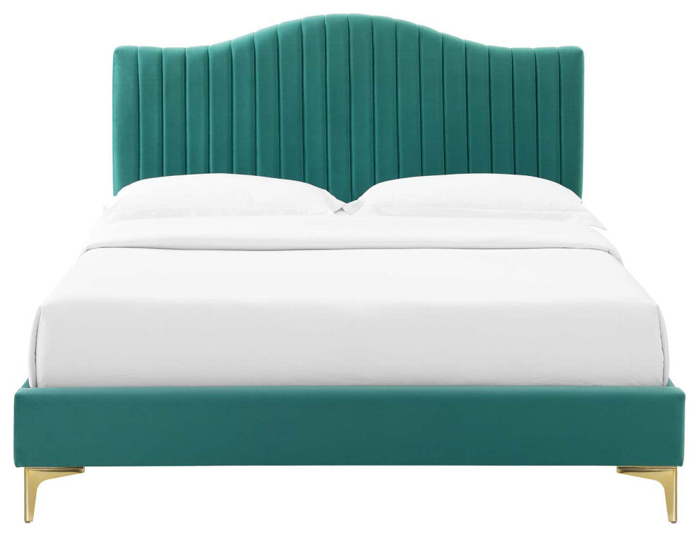 Tufted Platform Bed Frame, King Size, Velvet, Teal Blue, Modern Contemporary