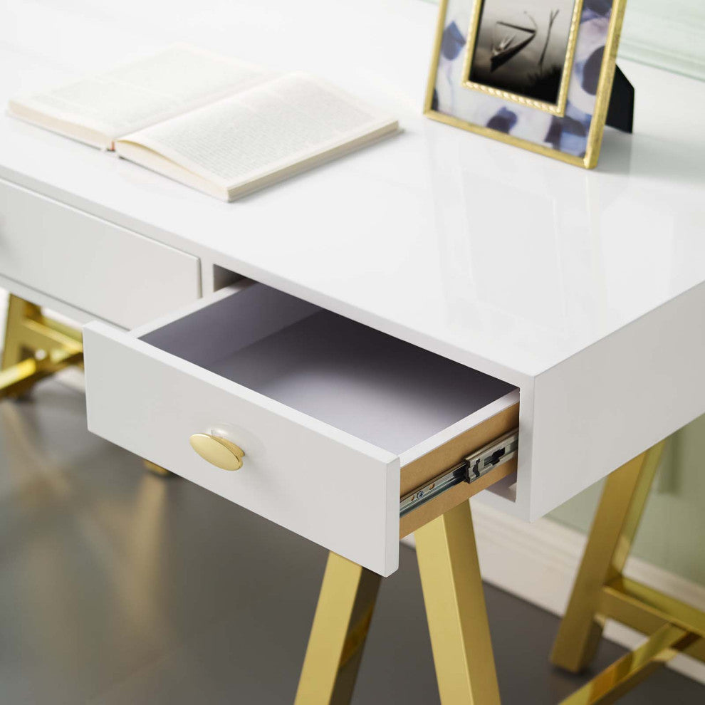 Computer Work Desk Entry Table, Wood, Metal, Gold White, Home Business Office