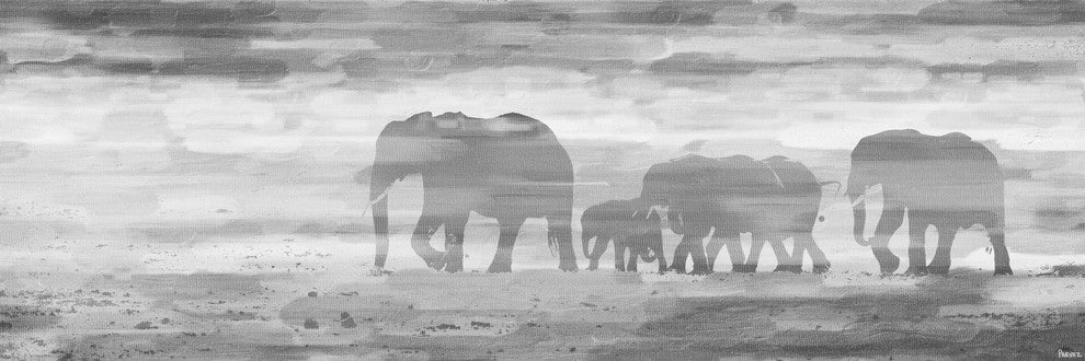 "Parade of Tusks" Painting Print on White Wood, 60"x20"