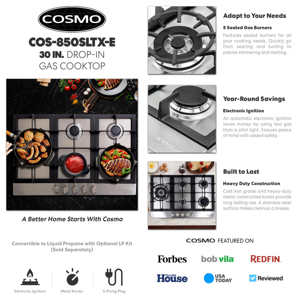 Cosmo Gas Cooktop, 30" Pro Style Stainless Steel Rangetop, 30"