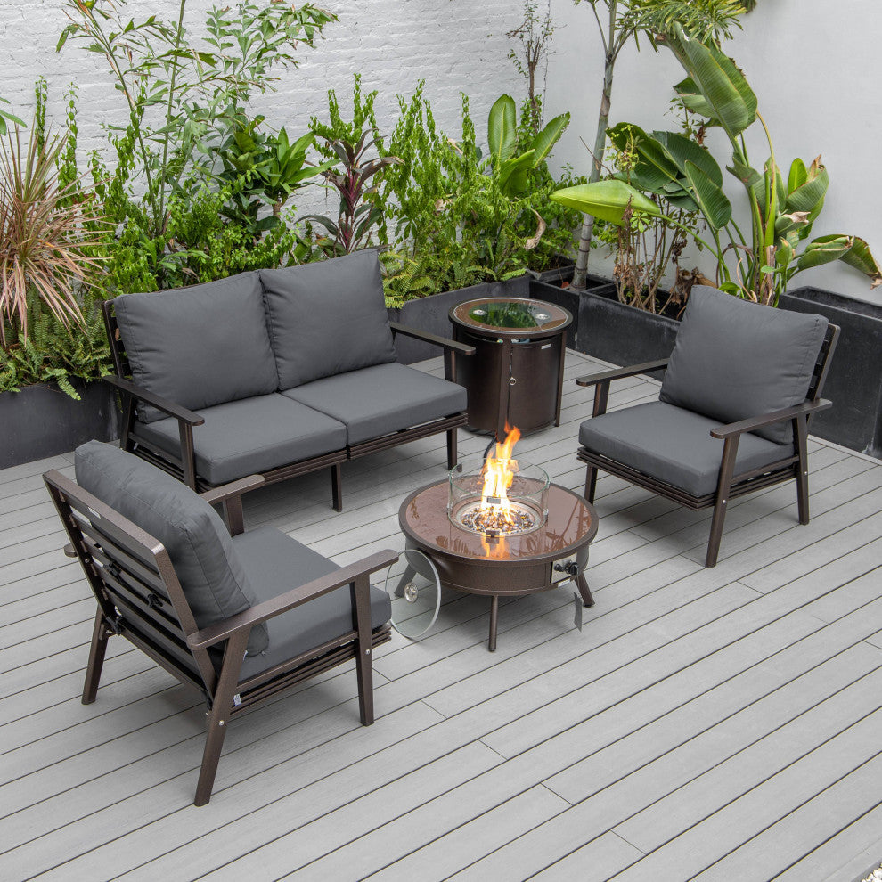 LeisureMod Walbrooke Brown Patio Sofa Set With Round Fire Pit Table, Charcoal