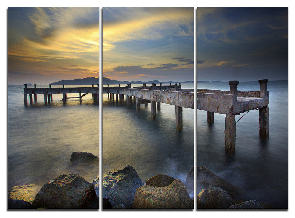 "Old Wood Boat Jetty into Blue Sea" Metal Wall Art, 3 Panels, 36"x28"