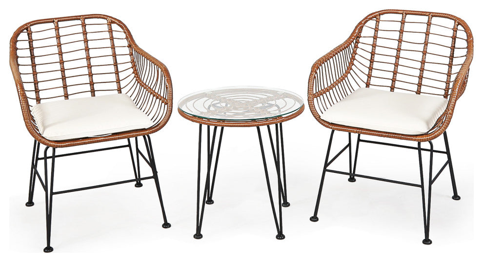 Costway 3PCS Patio Rattan Bistro Set Coffee Table Armchair Garden Beige Cushion