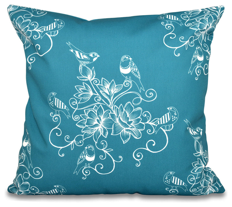 Morning Birds, Floral Print Pillow, Teal, 26"x26"