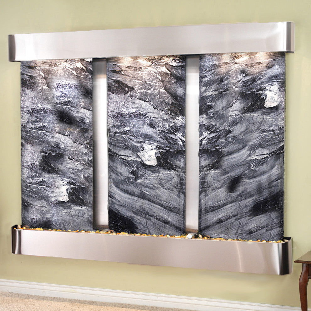 Deep Creek Falls Fountain, Black Marble, Stainless Steel, Round