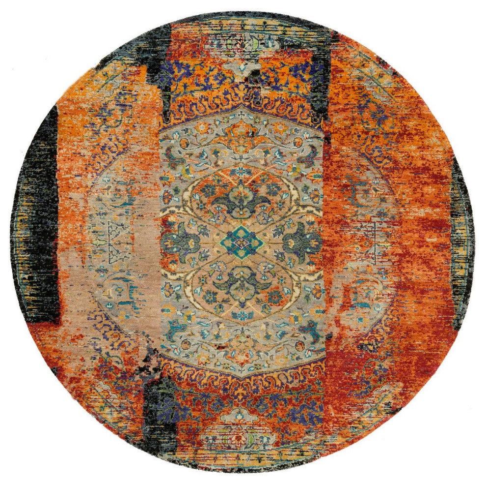 Orange, Ancient Ottoman Erased Design, Wool, Hand Knotted Round Rug, 6'1"x6'1"