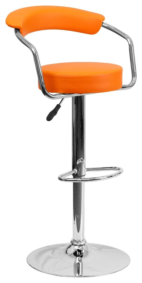 Contemporary Orange Vinyl Adjustable Barstool With Arms and Chrome Base
