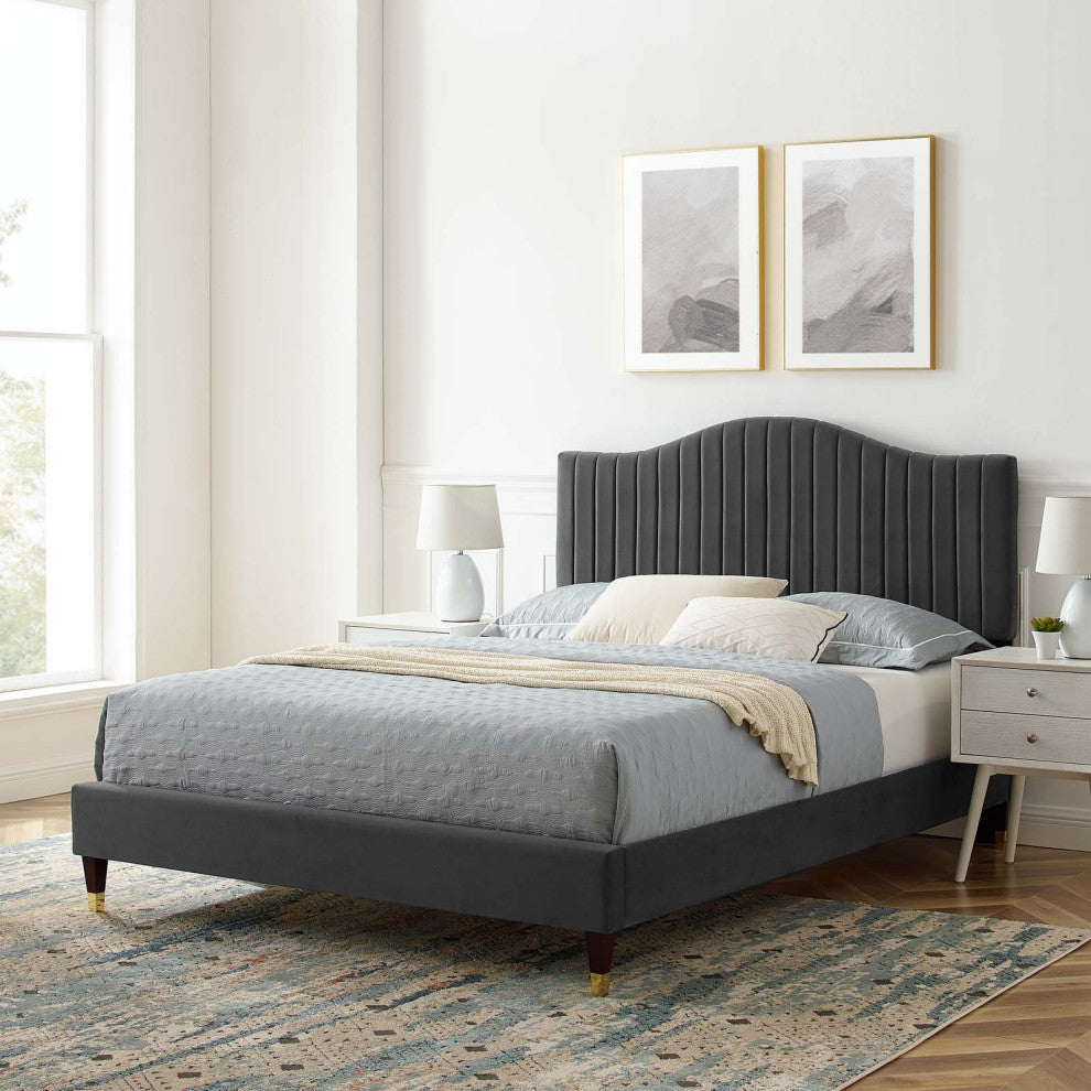 Tufted Platform Bed Frame, King Size, Velvet, Gray, Modern Contemporary