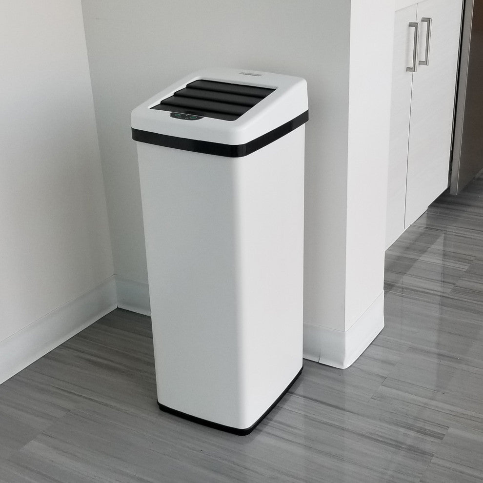 iTouchless 14 Gal Retracting Lid Sensor Trash Can + Odor Filter, White Steel
