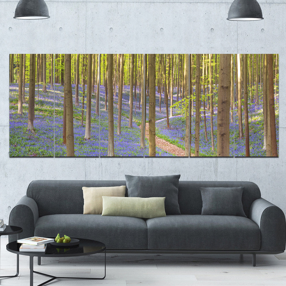 Blooming Bluebell Forest Panorama, Landscape Canvas Art Print, 70"x28", 6 Panels