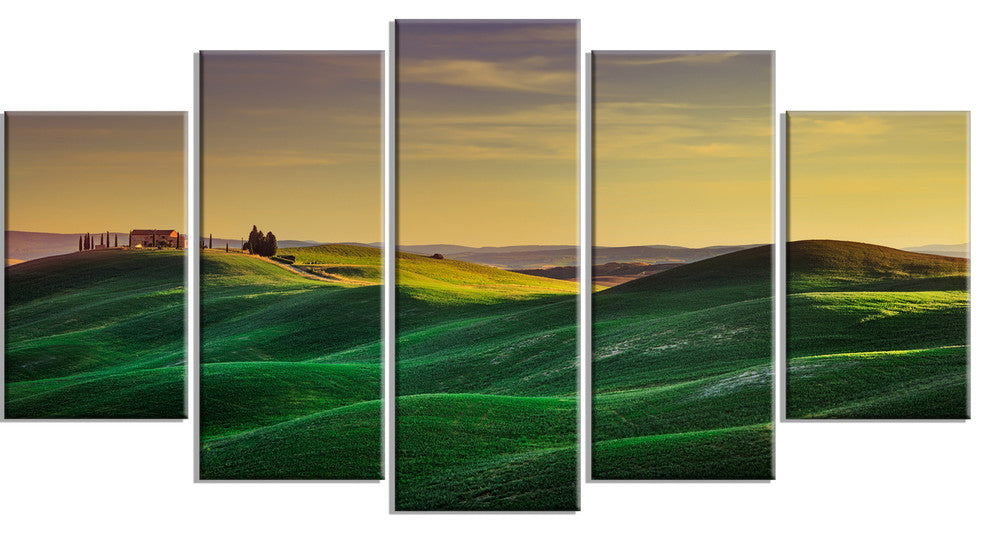 Green Rolling Hils in Crete Senesi, Landscape Canvas Wall Art, 60"x32", 5 Panels