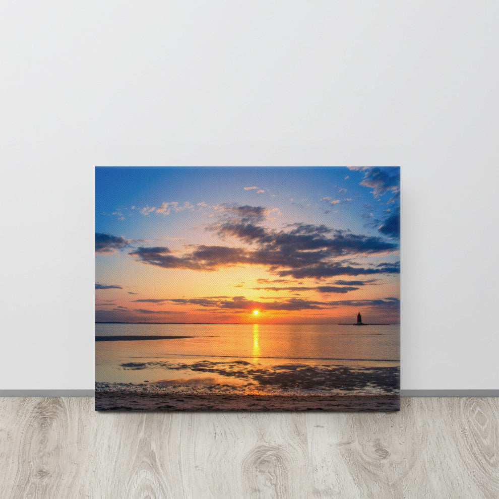 Sunset at Breakwater Lighthouse Coastal Landscape Photo Canvas Print, 16" X 20"