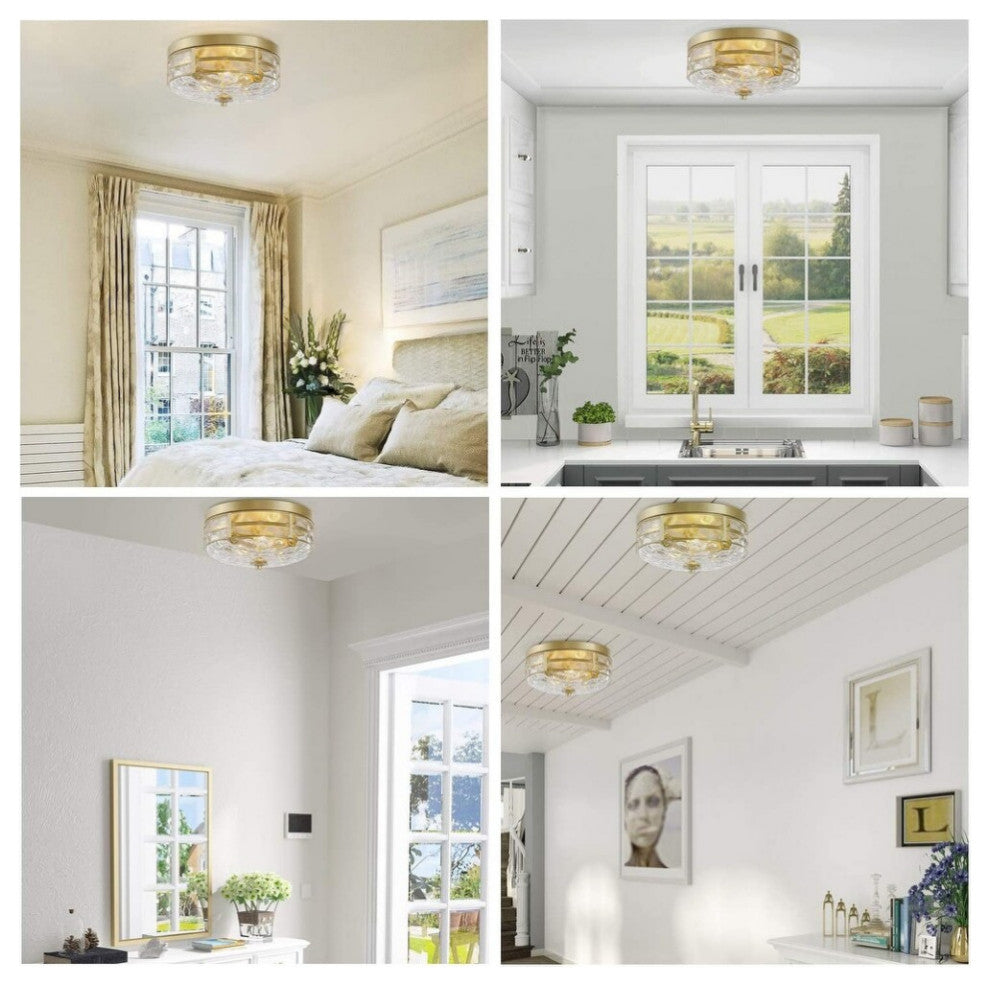 Gold Modern Flush Mount Ceiling Light Fixture Water Ripple Glass Shade Ceiling