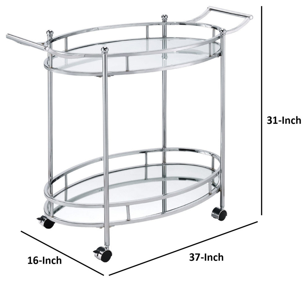 Benzara BM250318 Serving Cart With Tubular Frame/2 Tier Glass Shelves, Chrome