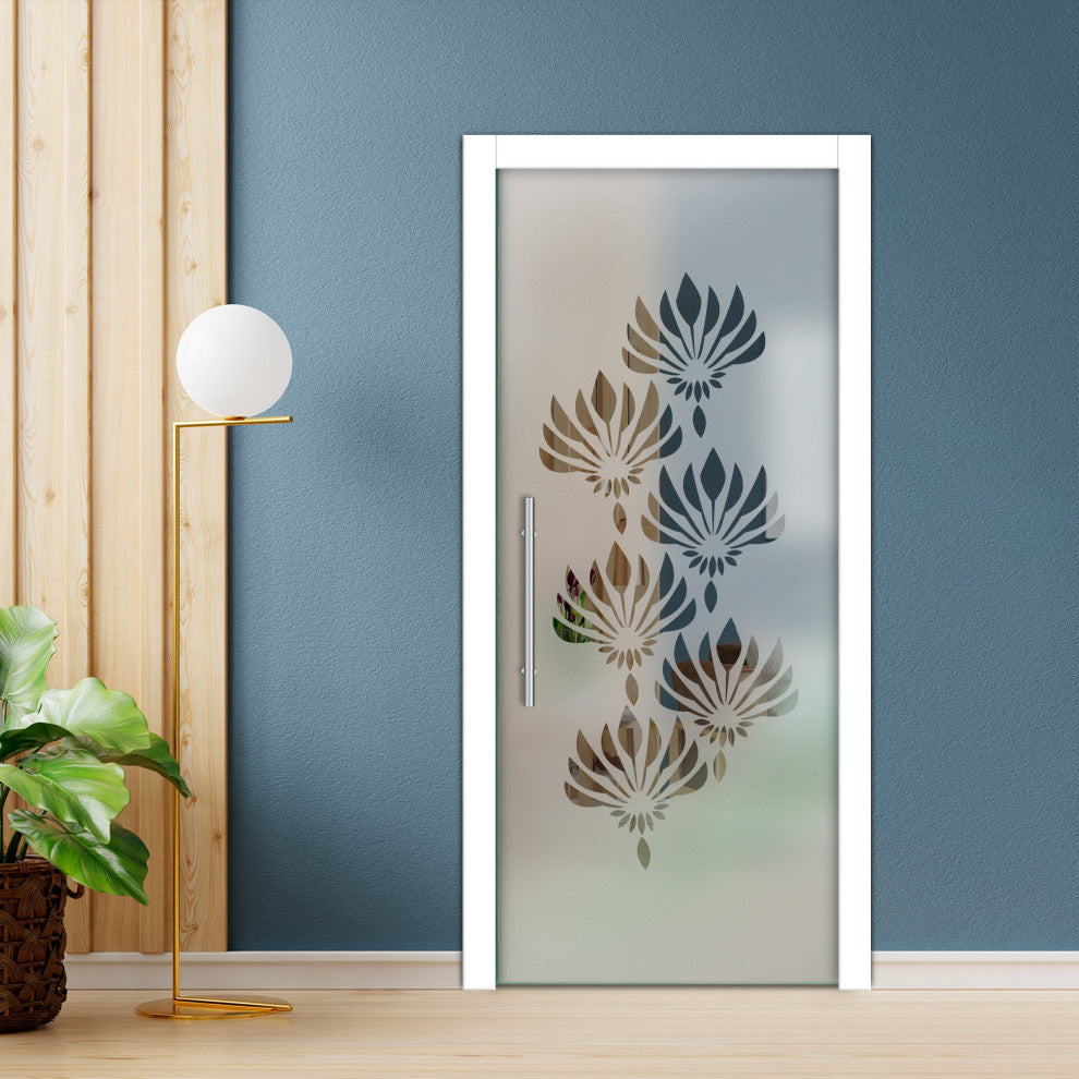 Frameless Pocket Sliding Glass Door, Sandblasted Design, 32"x80" Inches, T-Handle Bar, Semi-Private