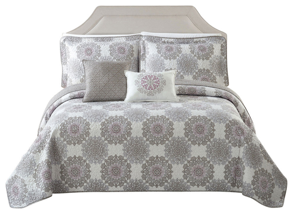 Serano Medallion Coverlet Bed Spread Set, Purple, Queen, 90"x90"