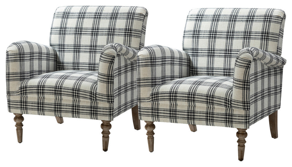 Upholstered Amchair With Plaid Pattern Set of 2, Black