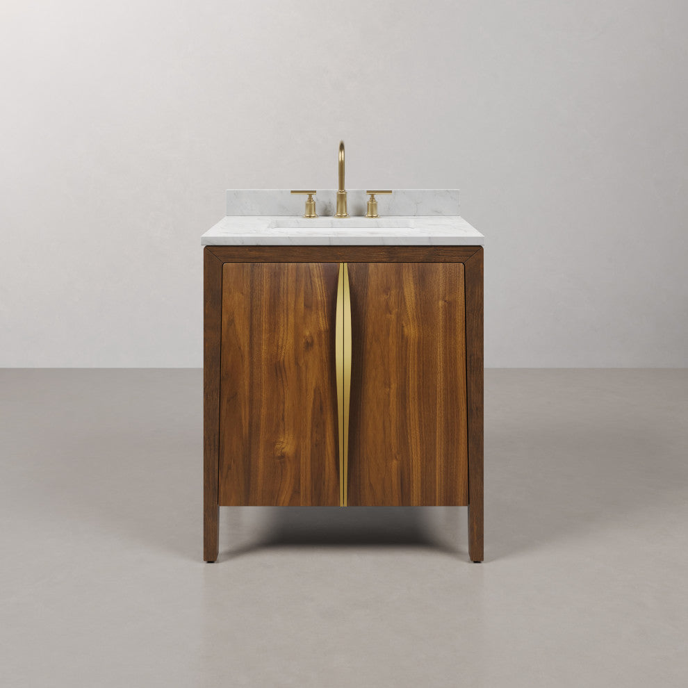 Ferrero Marble Top Bath Vanity, Nori Juglans, 30, Single Sink, Satin Gold Faucet