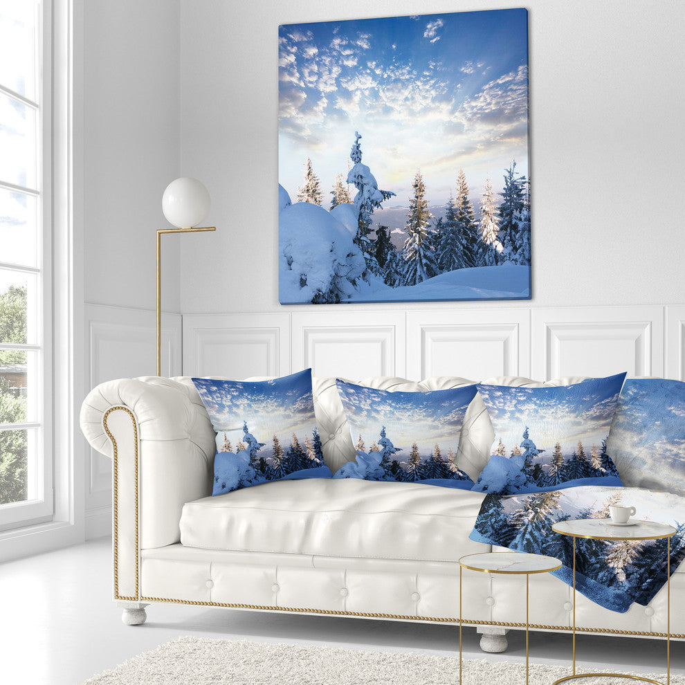 Foggy White Winter Forest Landscape Wall Throw Pillow, 18"x18"