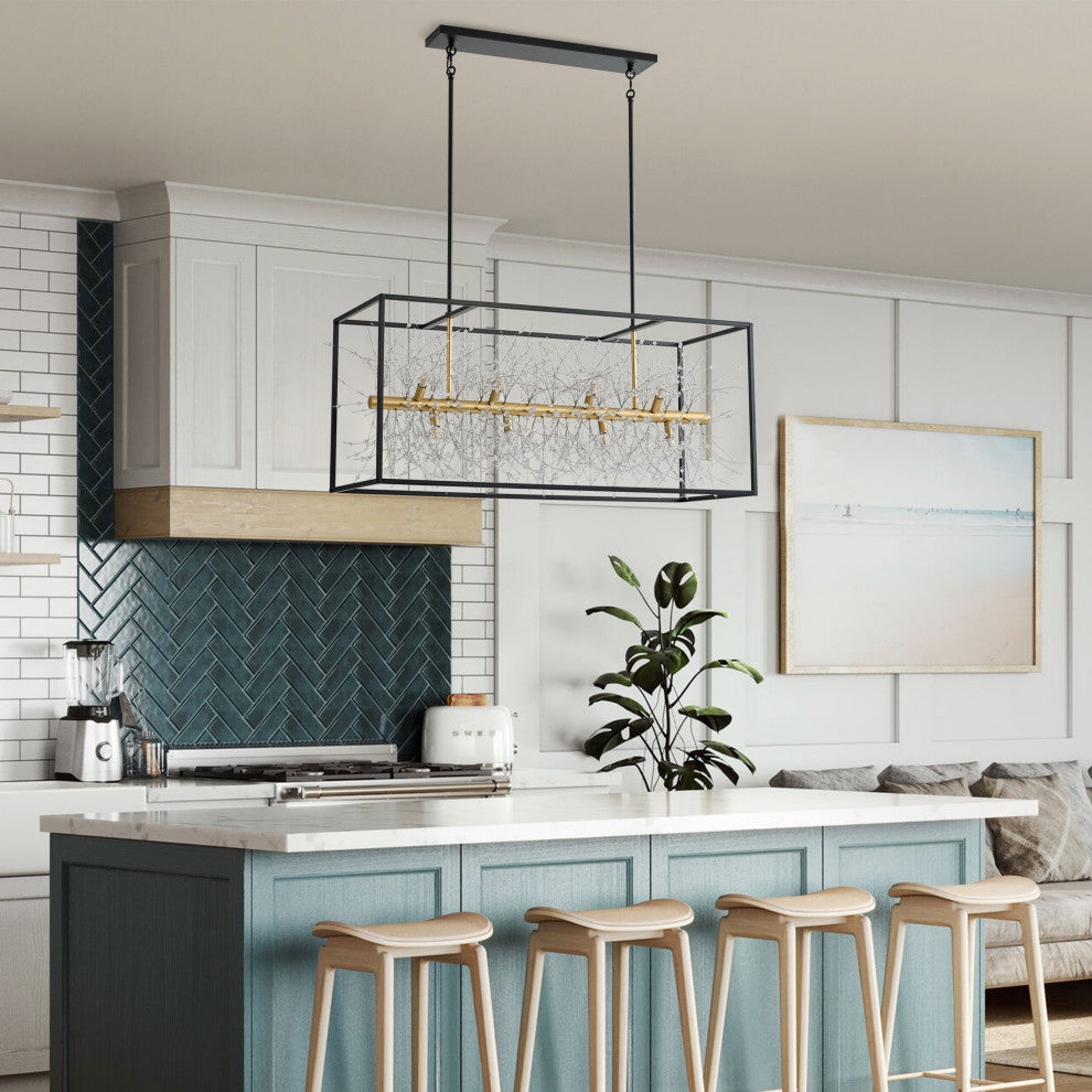 Farmhouse 12-Light Rectangle Kitchen Island Chandelier with Crystal Branch, Black