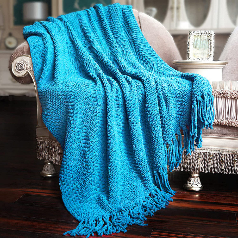 Tweed Knitted Throw Blanket, Mediterranean Blue, 50"x60"