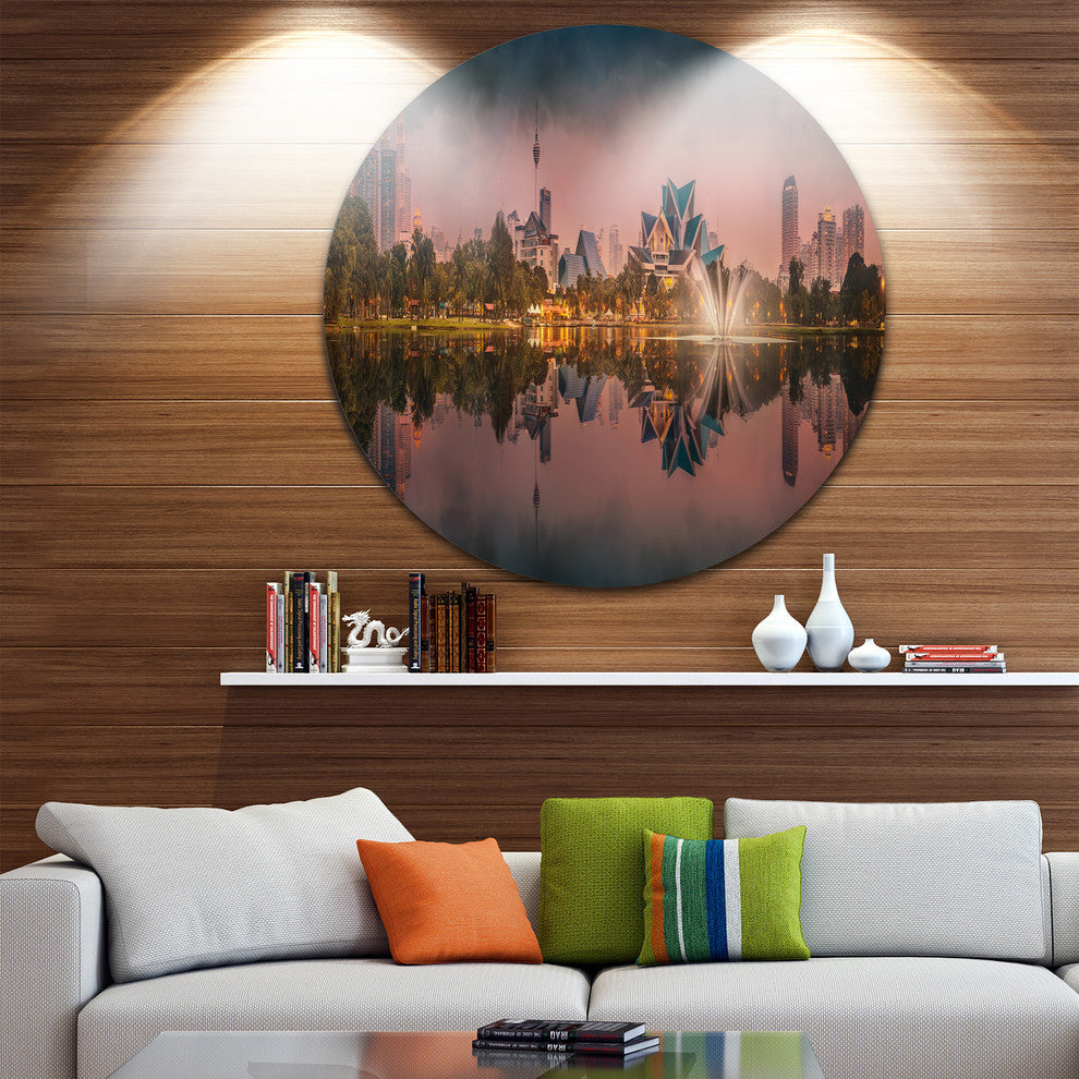 Kula Lumpur Night Scenery, Landscape Round Metal Wall Art, 23"